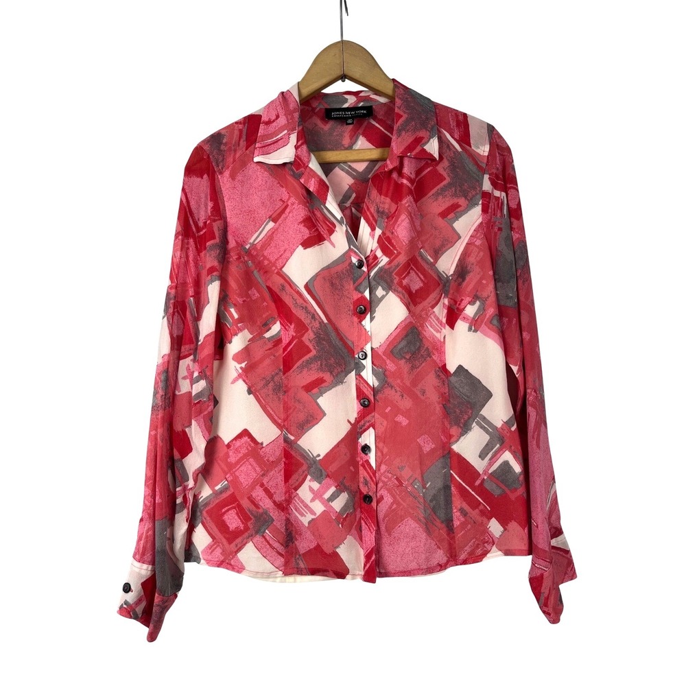Jones New York‎ Collection Petite 100% Silk Abstract Geometric Blouse 12P Luxury